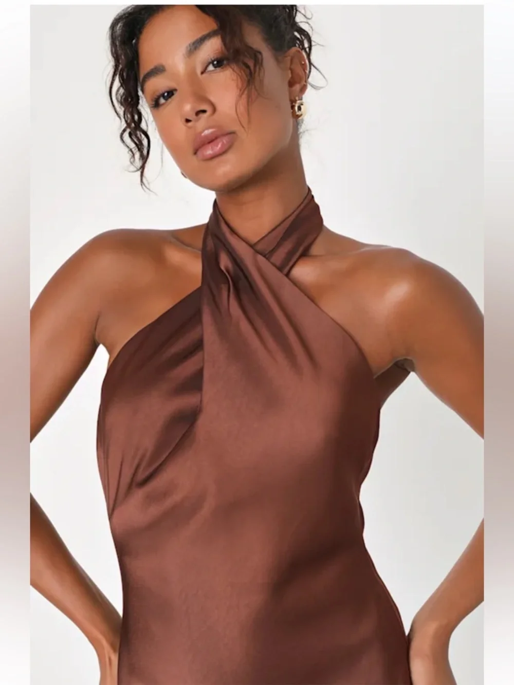 NWT Lulus Beyond Classy Brown Satin Halter Midi Dress - Picture 3 of 7